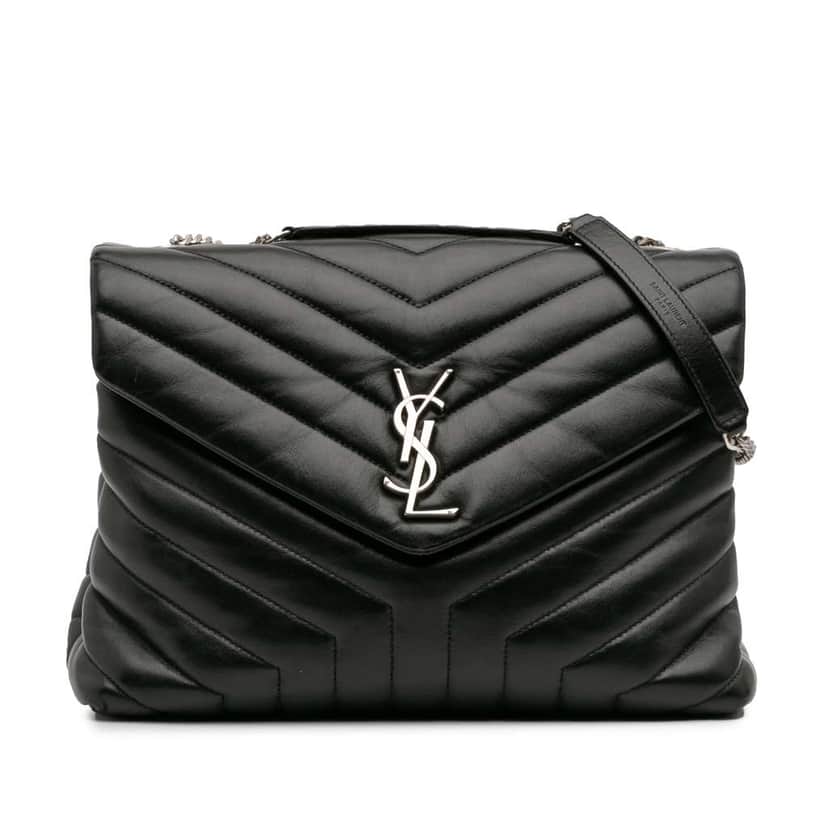 Saint Laurent Medium Chevron Leather Monogram LouLou Shoulder Bag Black Leather Good condition - Front View