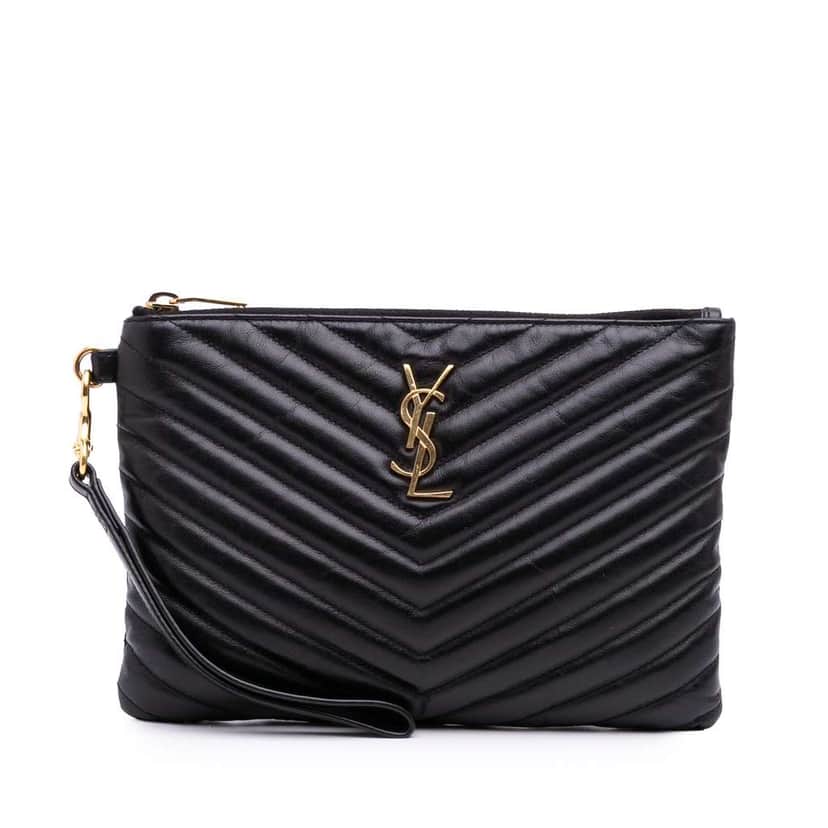 Saint Laurent Matelasse Chevron Leather Monogram Zip A5 Wristlet Pouch Black Leather Good condition - Front View