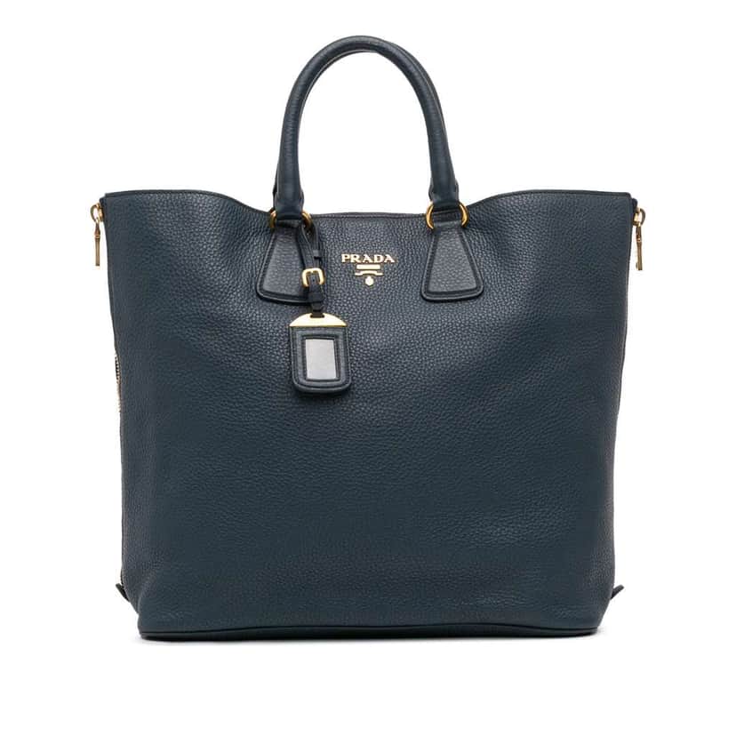Prada Vitello Daino Side Zip Convertible Tote Blue Leather Good condition - Front View