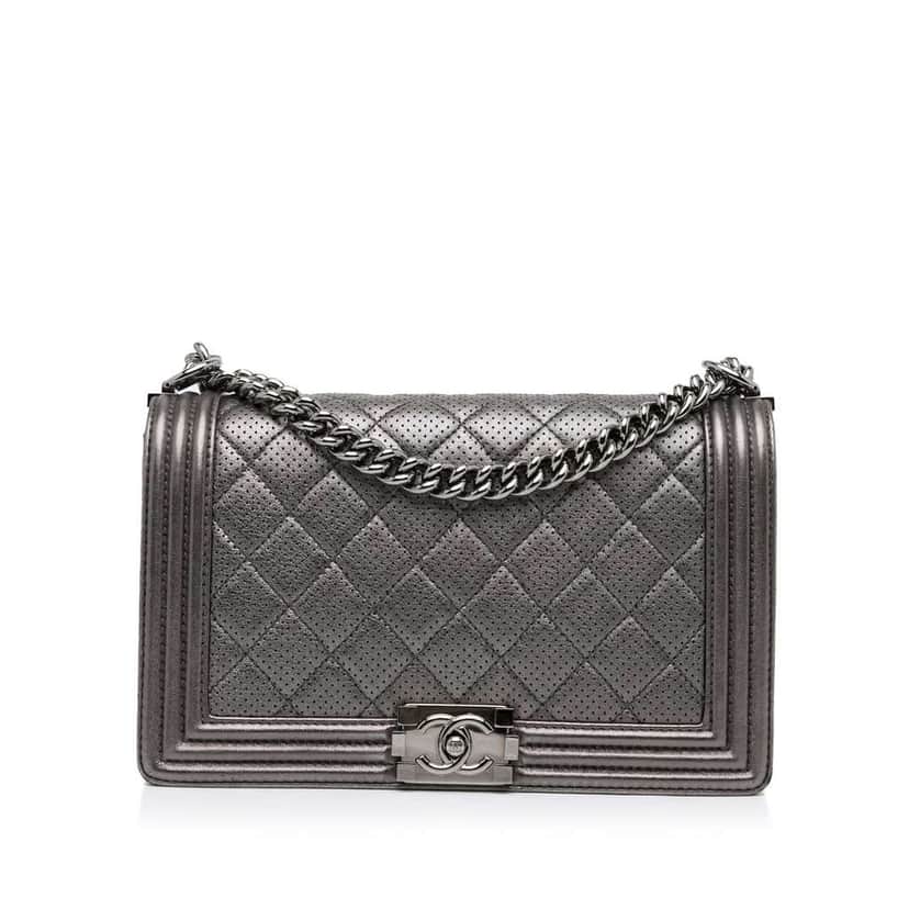 Chanel Medium Quilted Perforated Metallic Lambskin Boy Flap Grey Leather Good condition - Front View