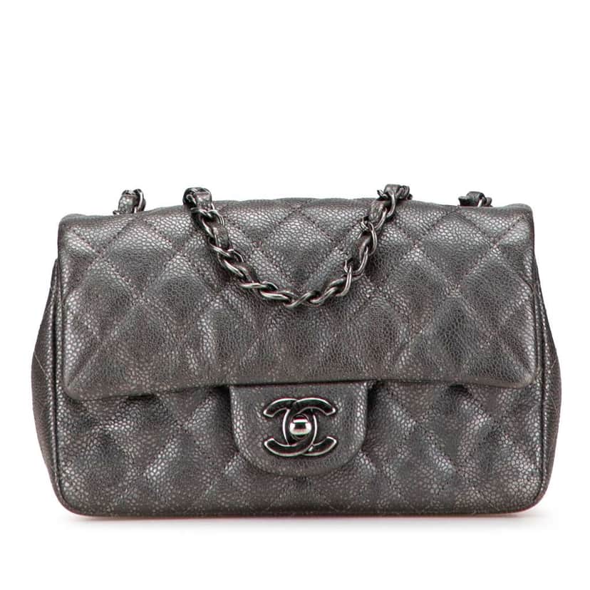Chanel Mini Rectangular Classic Metallic Caviar Single Flap Grey Leather Good condition - Front View