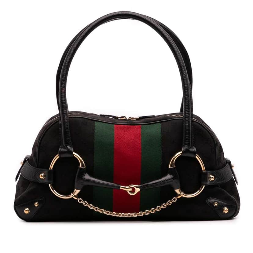 Gucci GG Canvas Horsebit Web Chain Bowler Bag Black Canvas Good condition - Front View