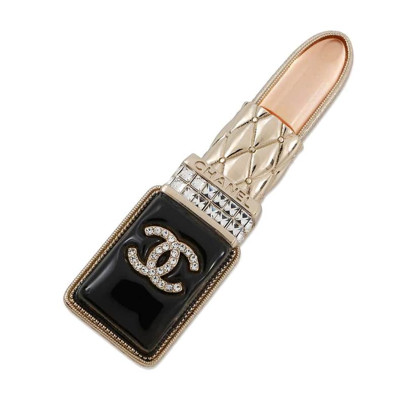 Chanel Gold Plated Resin Crystal Lipstick Brooch Gold Metal Good condition - Front View