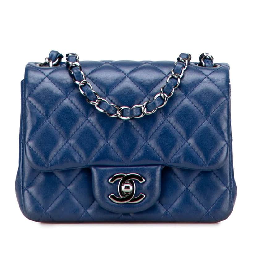 Chanel Mini Square Classic Lambskin Single Flap Blue Leather Good condition - Front View
