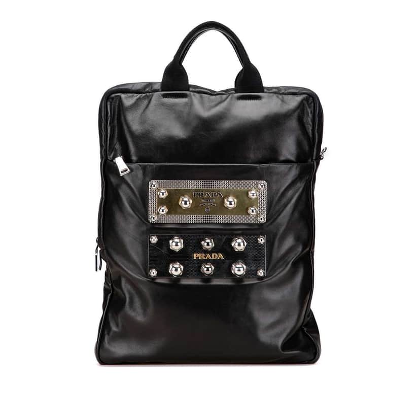 Prada Leather Logo Metal Plate Vertical Tote Black Leather Good condition - Front View