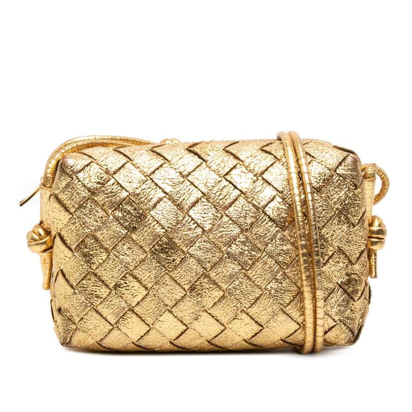 Bottega Veneta Mini Metallic Lambskin Intrecciato Loop Camera Bag Gold Leather Good condition - Front View