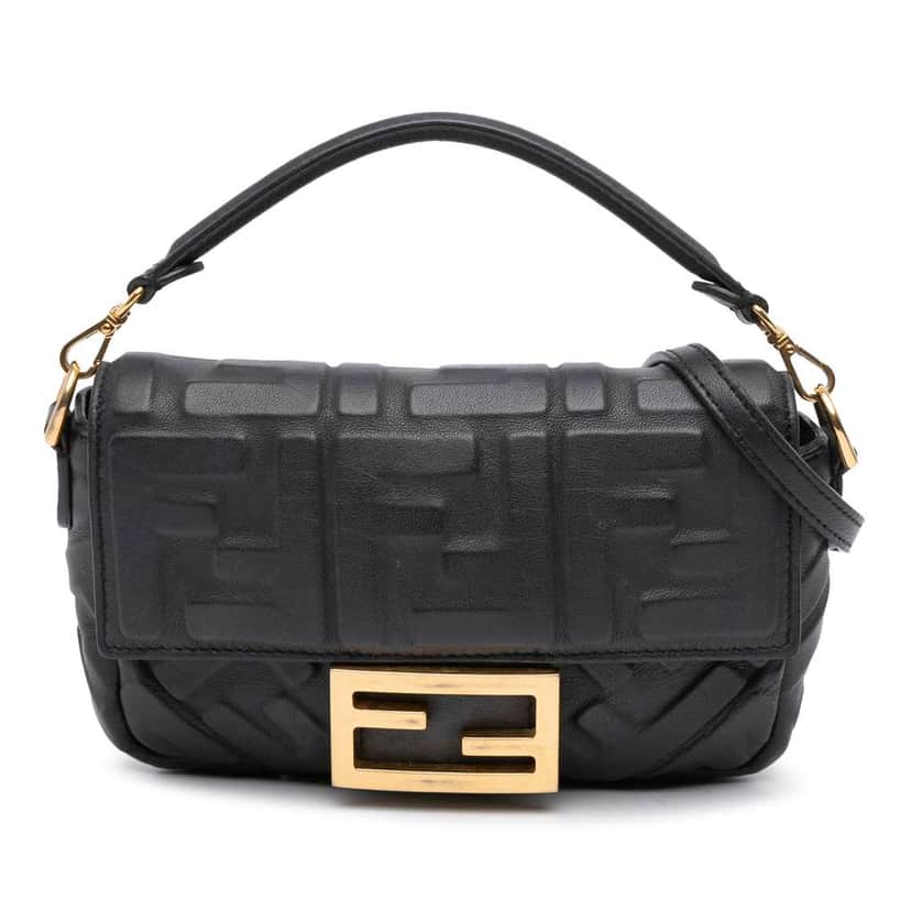 Fendi Mini Zucca Embossed Leather Baguette Satchel Black Leather Good condition - Front View
