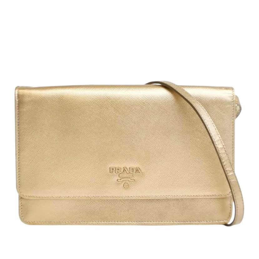 Prada Metallic Saffiano Wallet on Strap Gold Leather Good condition - Front View