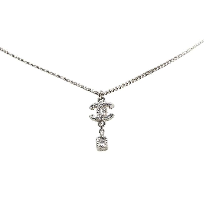 Chanel Silver CC Crystal Studded Cube Pendant Necklace Silver Silver Good condition - Front View