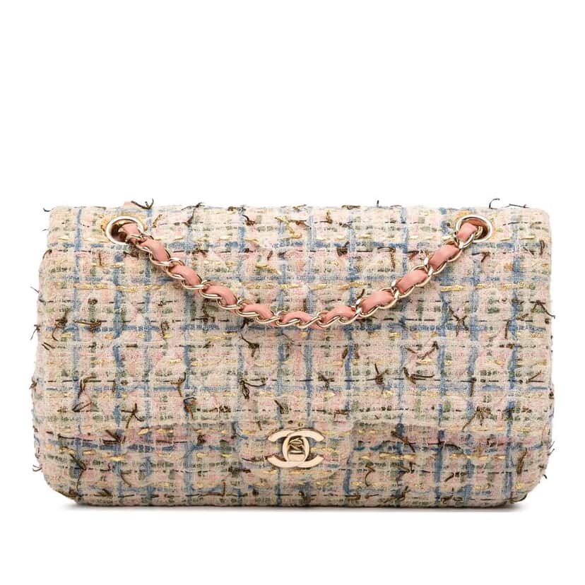 Chanel Medium Classic Boucle Tweed Double Flap Pink Tweed Good condition - Front View