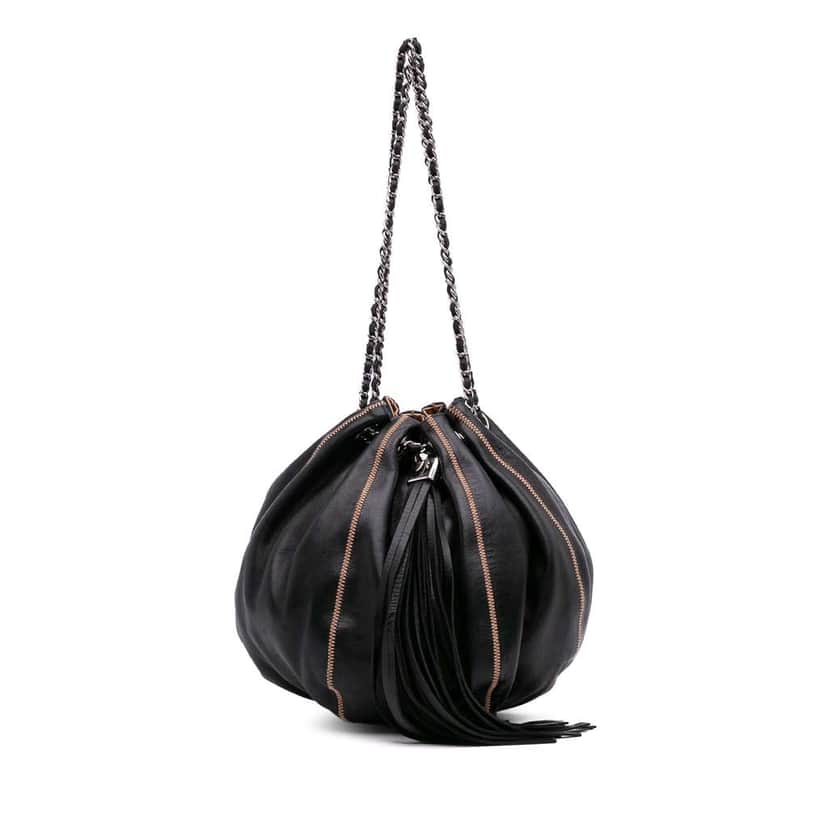 Chanel Lambskin and Satin Reversible Sac Cordon Bucket Bag Black Leather Good condition - Front View