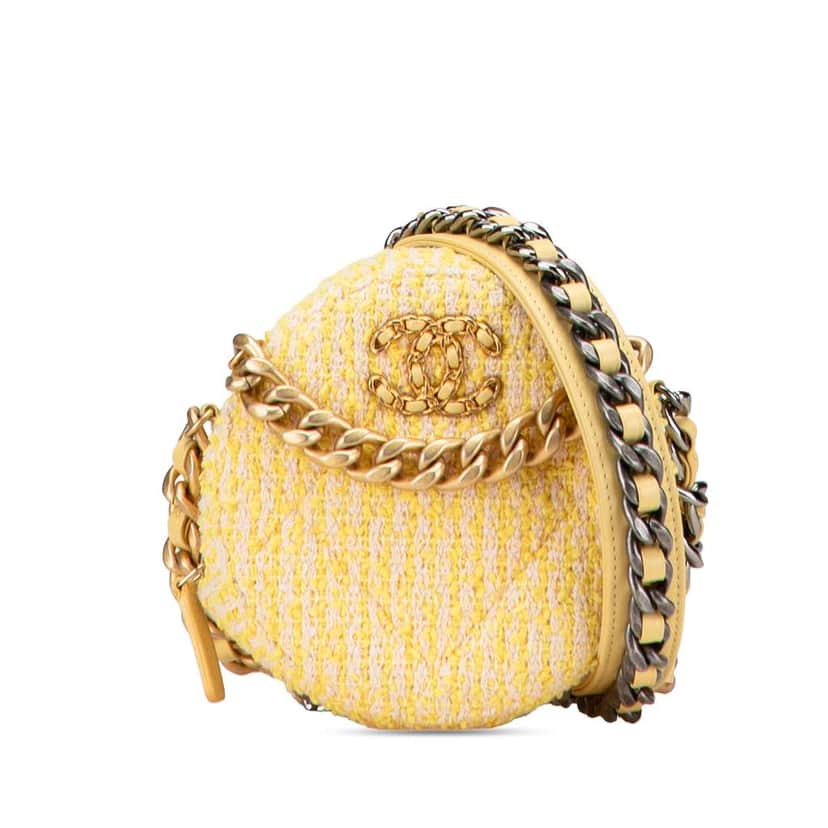 Chanel Tweed 19 Round Clutch with Chain Yellow Tweed Good condition - Front View
