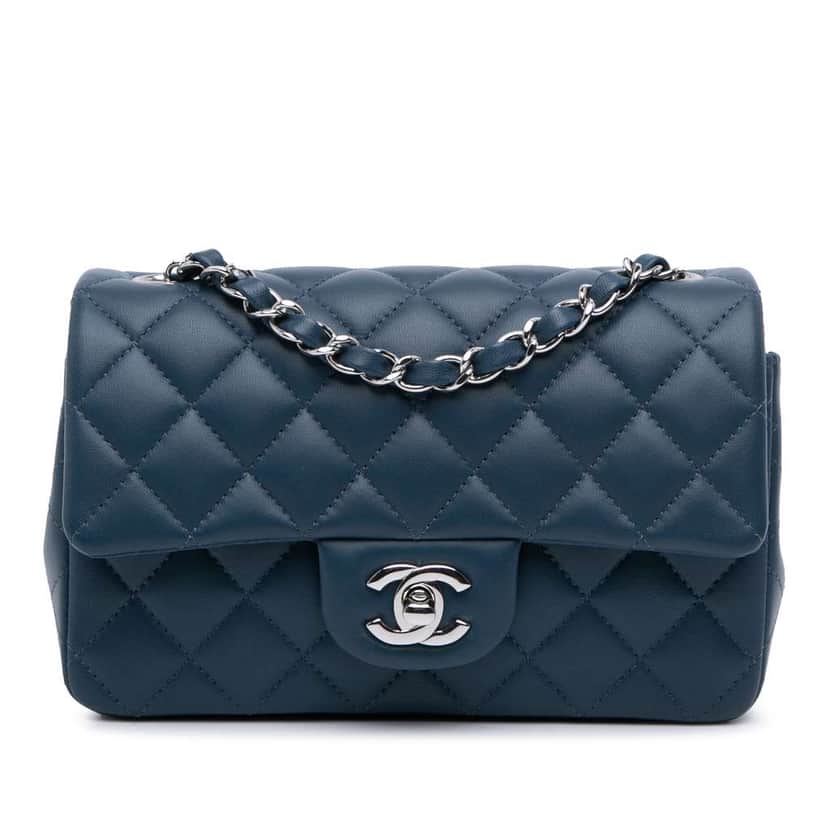 Chanel Mini Rectangular Classic Lambskin Single Flap Blue Leather Good condition - Front View