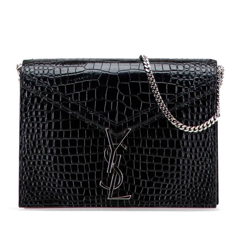 Saint Laurent Croc Embossed Leather Monogram Cassandra Clasp Bag Black Leather Good condition - Front View