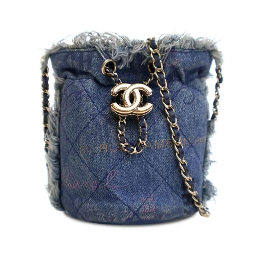 Chanel Mini Denim Mood Bucket with Chain Blue Denim Good condition - Front View
