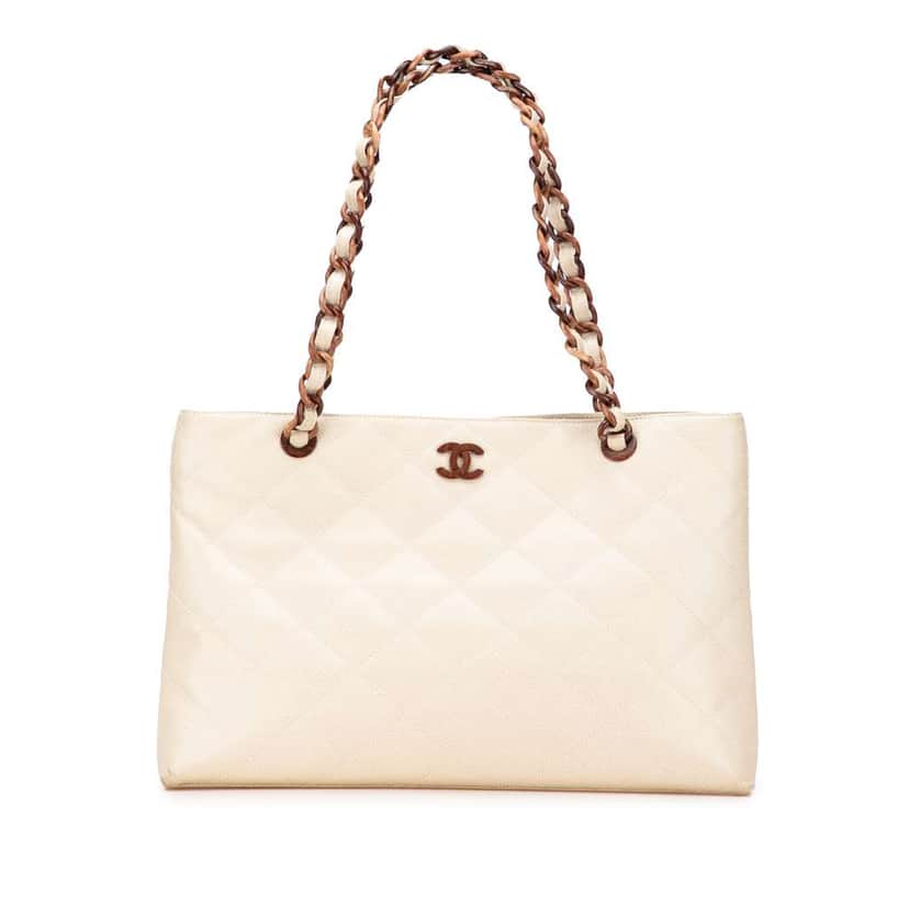 Chanel CC Quilted Caviar Bekko Chain Tote White Leather Good condition - Front View
