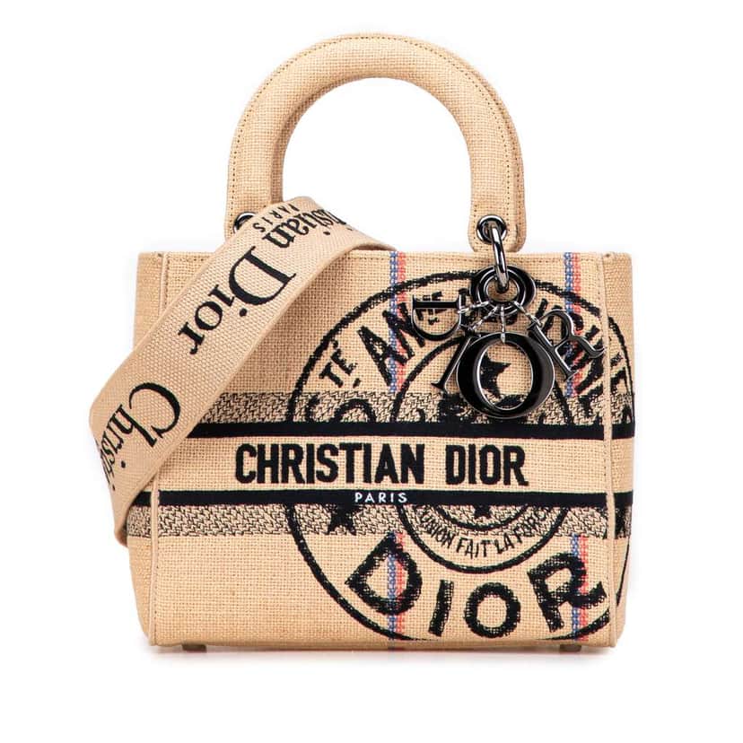 Dior Medium Jute Embroidered Lady D Lite Brown Canvas Good condition - Front View
