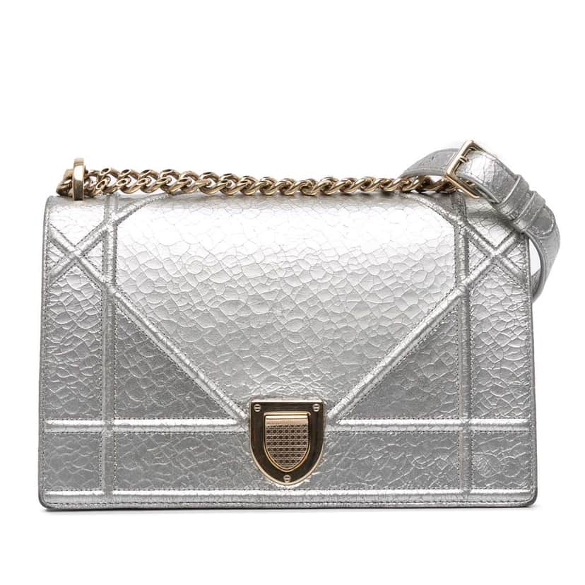 Dior Medium Metallic Ceramic Effect Deerskin Diorama Flap Silver Leather Good condition - Front View