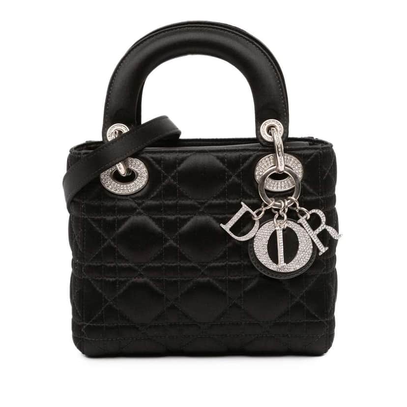 Dior Mini Satin Cannage Swarovski Crystal Lady Dior Black Satin Good condition - Front View