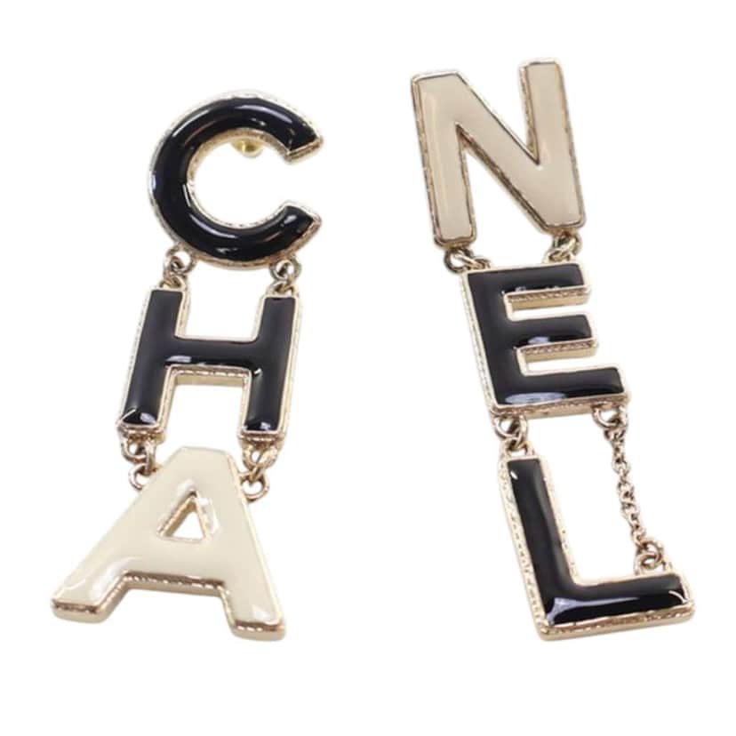 Chanel Gold Plated and Enamel Cha-Nel Logo Drop Push Back Earrings Black Good condition - Front View