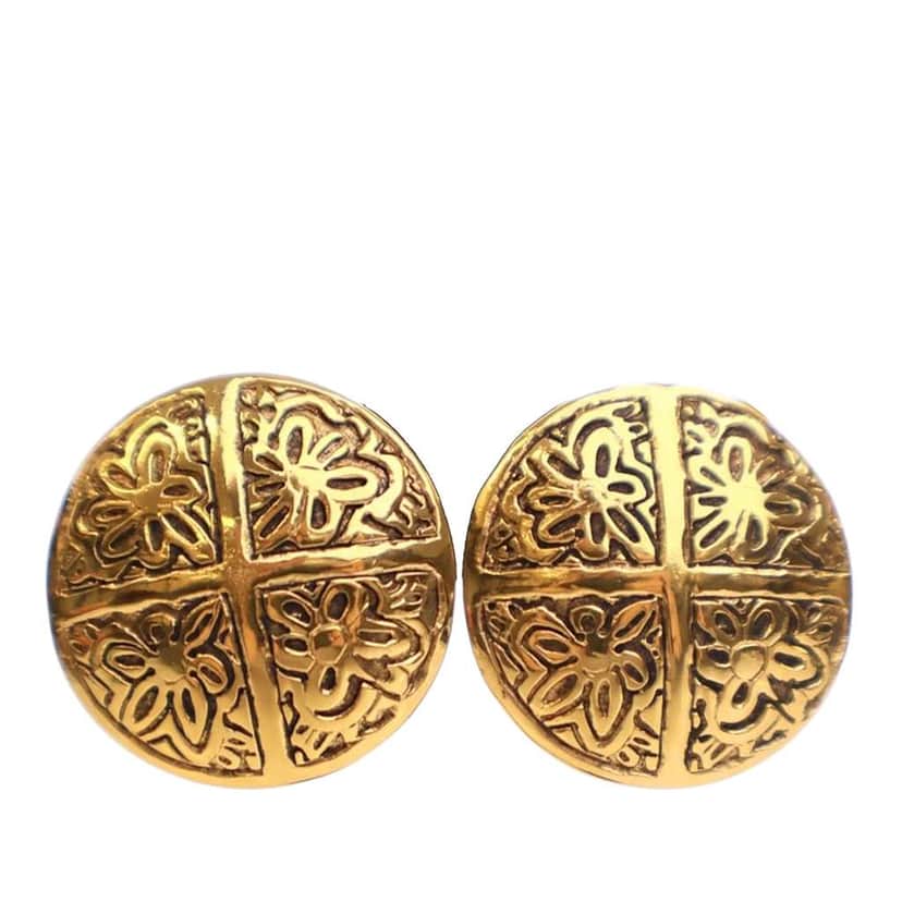 Chanel Gold Plated Camellia Cross Dome Clip On Earrings Gold Metal Good condition - Front View