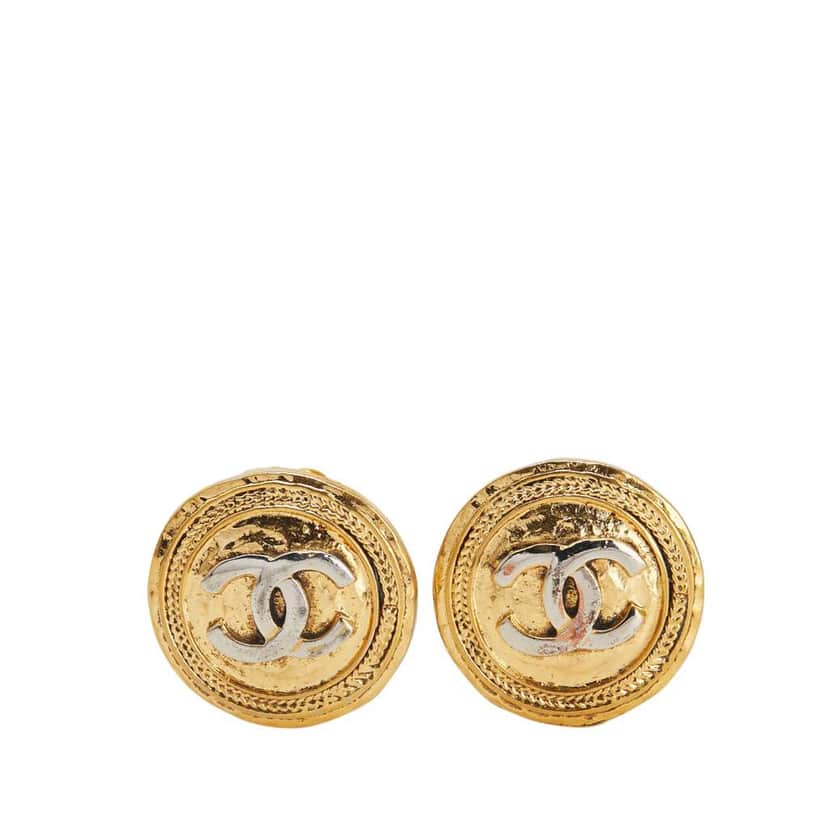 Chanel Gold Plated and Silver Plated CC Round Clip On Earrings Gold Metal Good condition - Front View