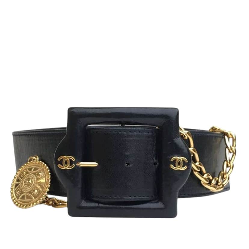 Chanel Vintage Leather Chain Belt Black Leather Good condition - Front View
