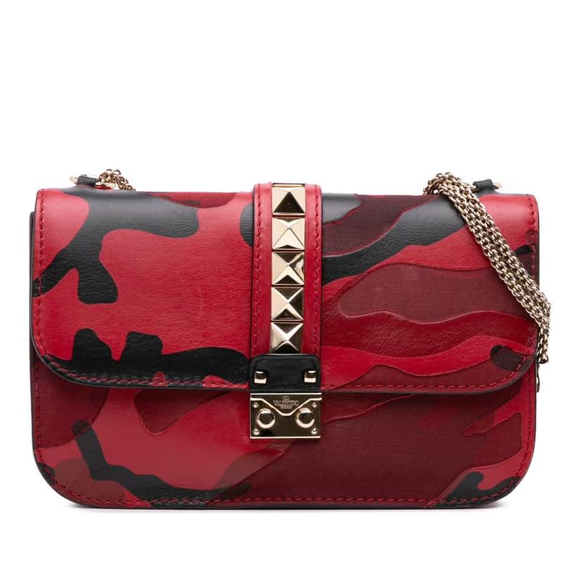Valentino Medium Nappa and Canvas Camouflage Rockstud Glam Lock Crossbody Red Leather Good condition - Front View