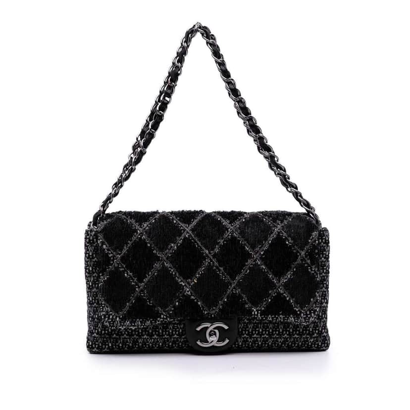 Chanel Large Tweed and Sequin Icons 3 Accordion Flap Black Tweed Good condition - Front View
