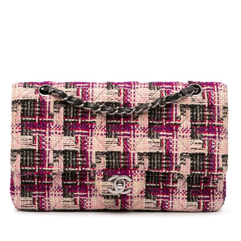 Chanel Medium Classic Tweed Double Flap Pink Tweed Good condition - Front View
