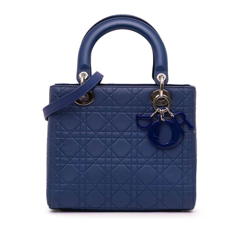 Dior Medium Ultra Matte Calfskin Embossed Cannage Lady Dior Blue Leather Good condition - Front View