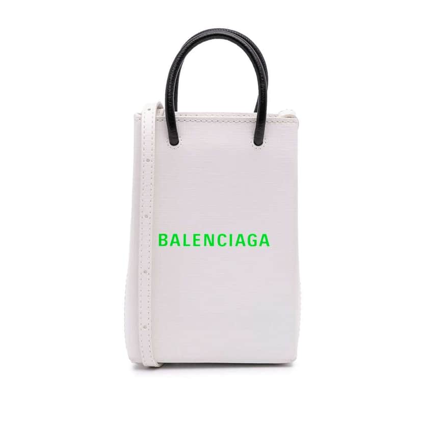 Balenciaga Mini Calfskin Logo Shopping Phone Holder White Leather Good condition - Front View
