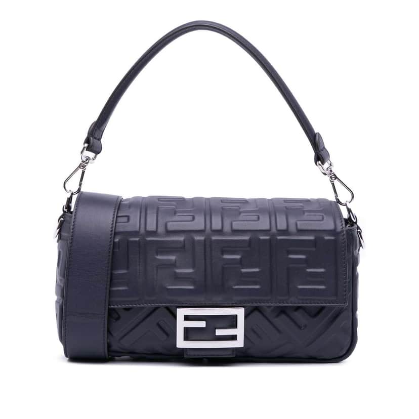 Fendi Zucca Embossed Leather Baguette Satchel Blue Leather Good condition - Front View