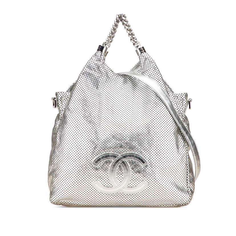 Chanel Medium Metallic Glazed Calfskin Perforated Rodeo Drive Satchel Silver Leather Good condition - Front View