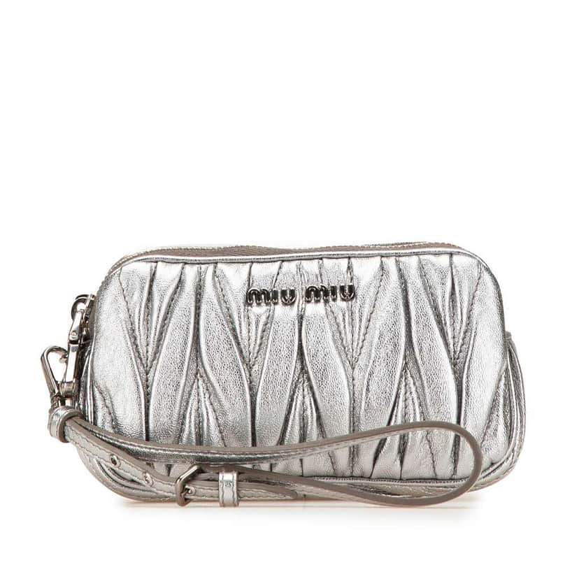 Miu Miu Nappa Matelasse Double Zip Clutch Silver Leather Good condition - Front View