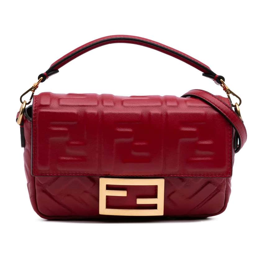 Fendi Mini Zucca Embossed Leather Baguette Satchel Red Leather Good condition - Front View