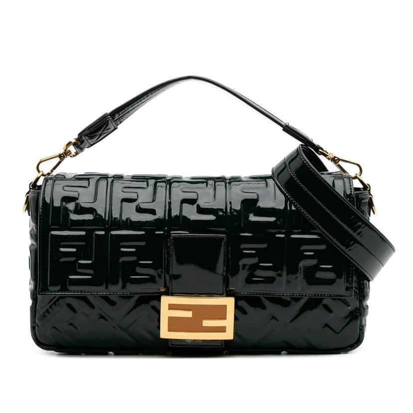 Fendi Large Zucca Embossed Patent Baguette Satchel Green Leather Good condition - Front View