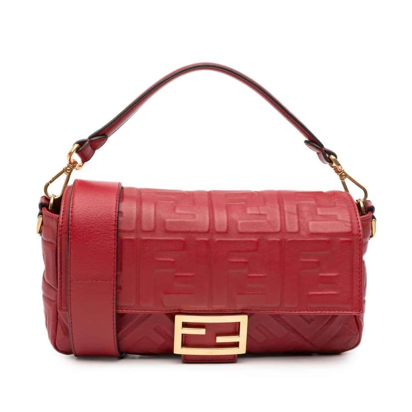 Fendi Zucca Embossed Leather Baguette Satchel Red Leather Good condition - Front View