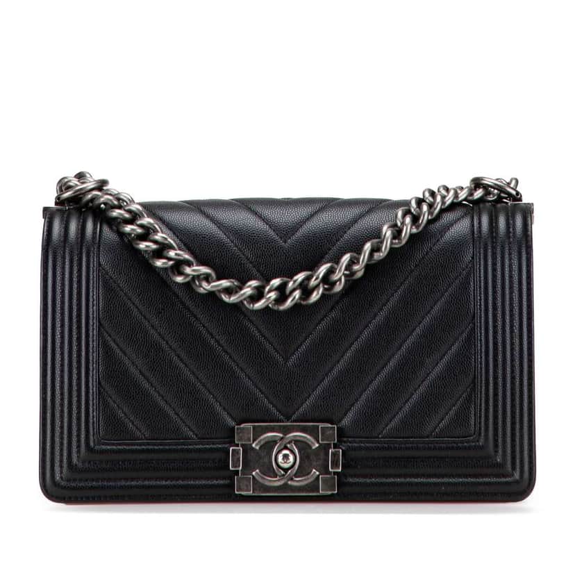 Chanel Old Medium Chevron Caviar Boy Flap Black Leather Good condition - Front View