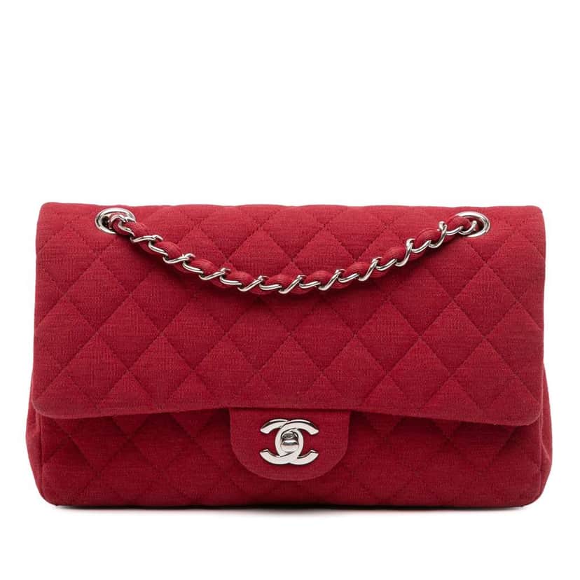 Chanel Medium Classic Jersey Double Flap Red Cotton Good condition - Front View
