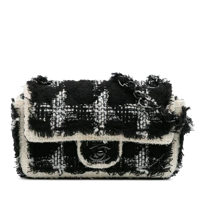 Chanel Mini Rectangular Classic Tweed Tartan Single Flap Black Tweed Good condition - Front View