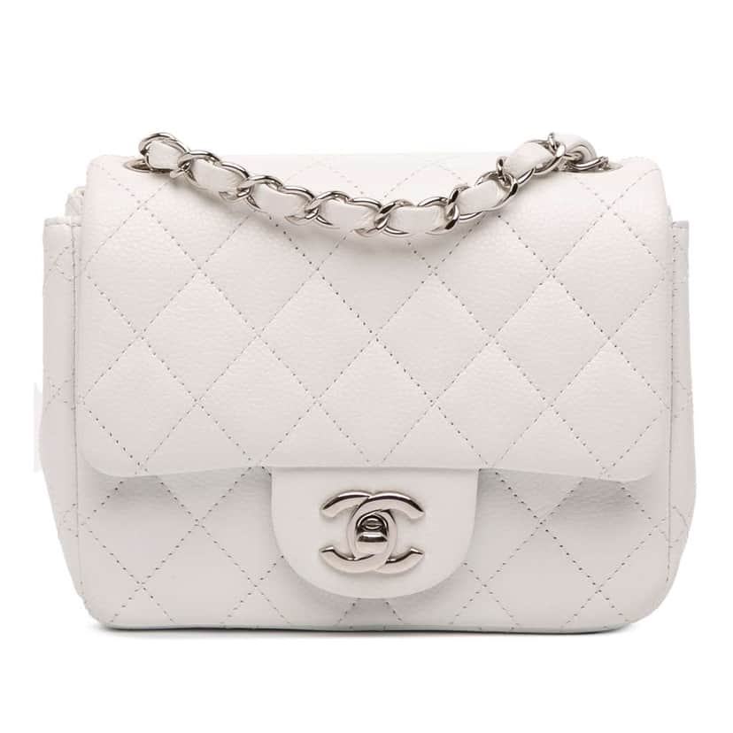Chanel Mini Square Classic Caviar Single Flap White Leather Good condition - Front View