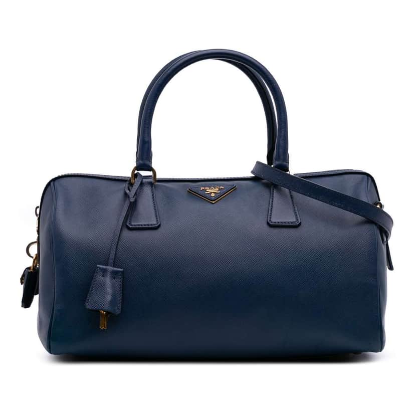 Prada Saffiano Lux Convertible Bowler Bag Blue Leather Fair condition - Front View