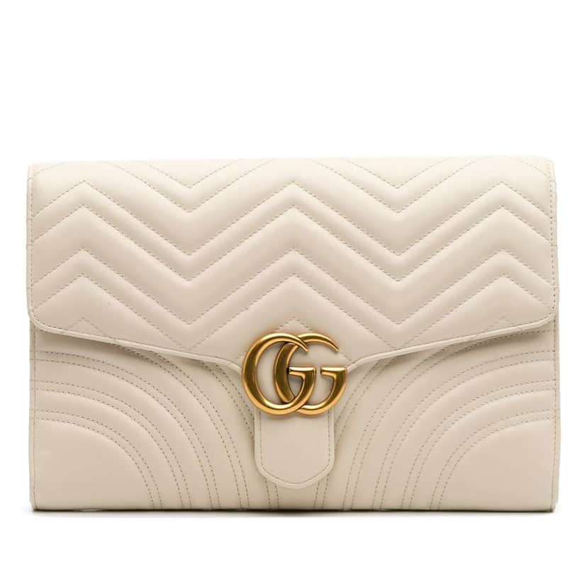 Gucci GG Marmont Matelasse Leather Flap Clutch White Leather Good condition - Front View