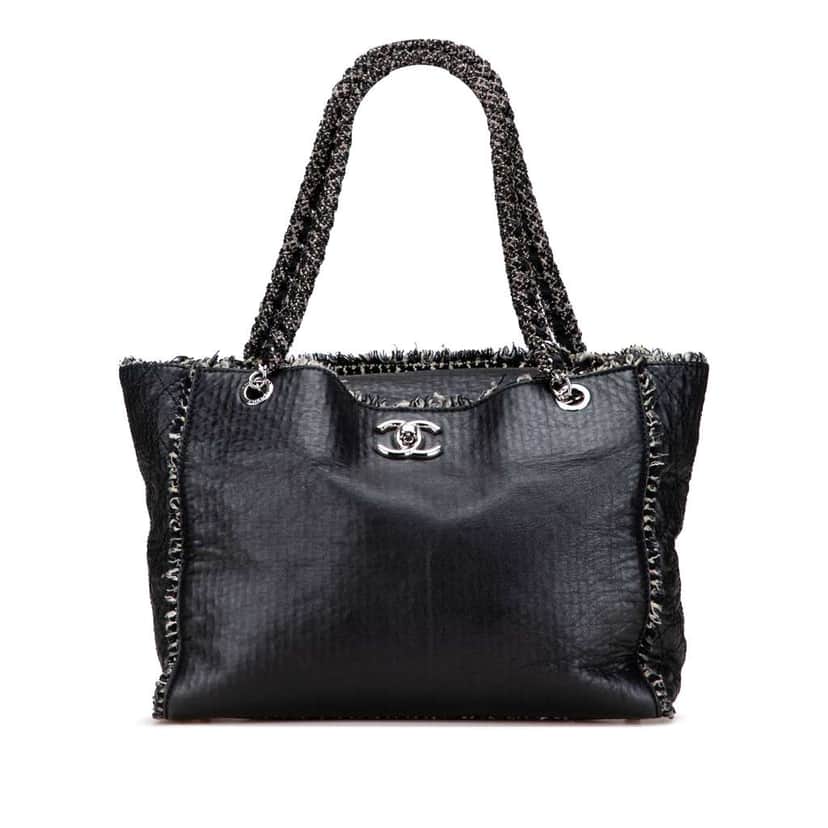 Chanel Glazed Calfskin Tweed Tweedy Shopping Tote Black Leather Good condition - Front View