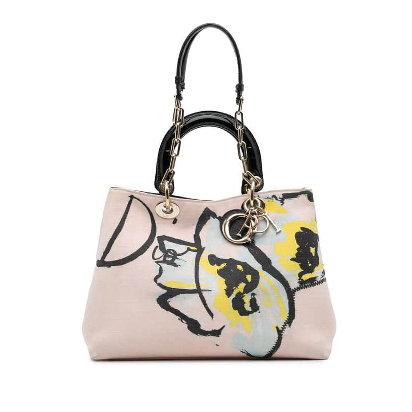 Dior Limited Edition Medium Canvas Floral Printed Diorissimo Satchel Pink Canvas Very good condition - Front View