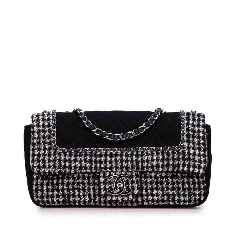 Chanel Medium Quilted Jersey and Tweed Chain Flap Black Cotton Good condition - Front View