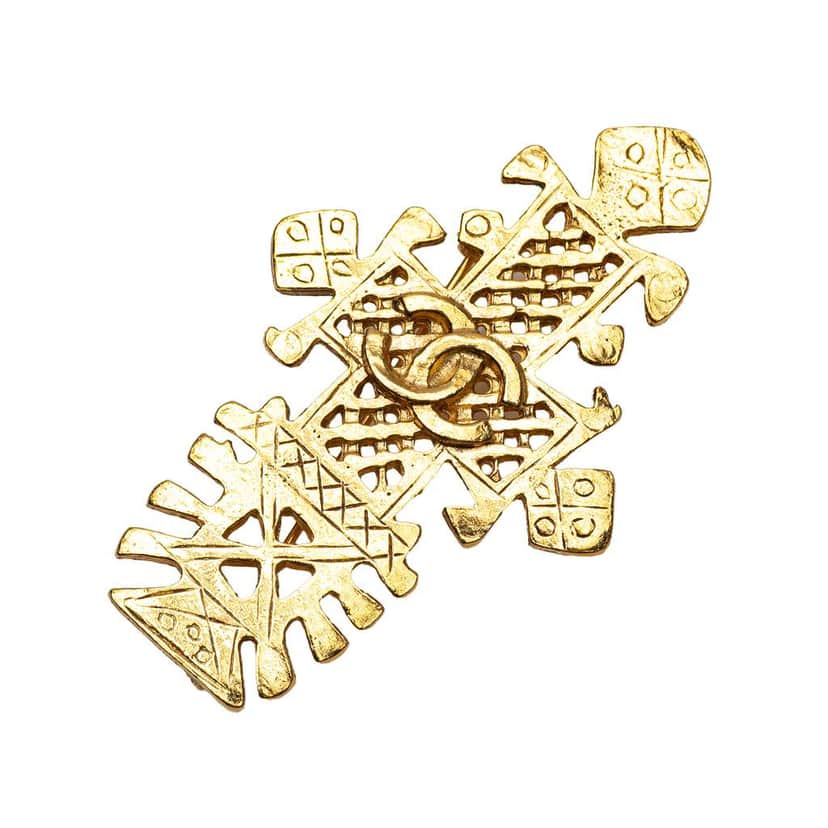 Chanel CC Gold Plated Cross Brooch Gold Metal Good condition - Front View
