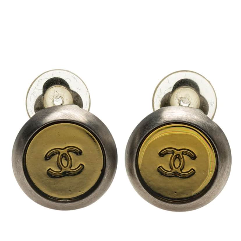 Chanel CC Silver and Gold Plated Round Clip On Earrings Silver Silver Good condition - Front View