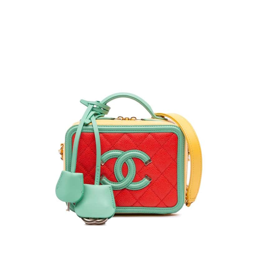 Chanel Small Tricolor Caviar CC Filigree Vanity Case Orange Leather Good condition - Front View